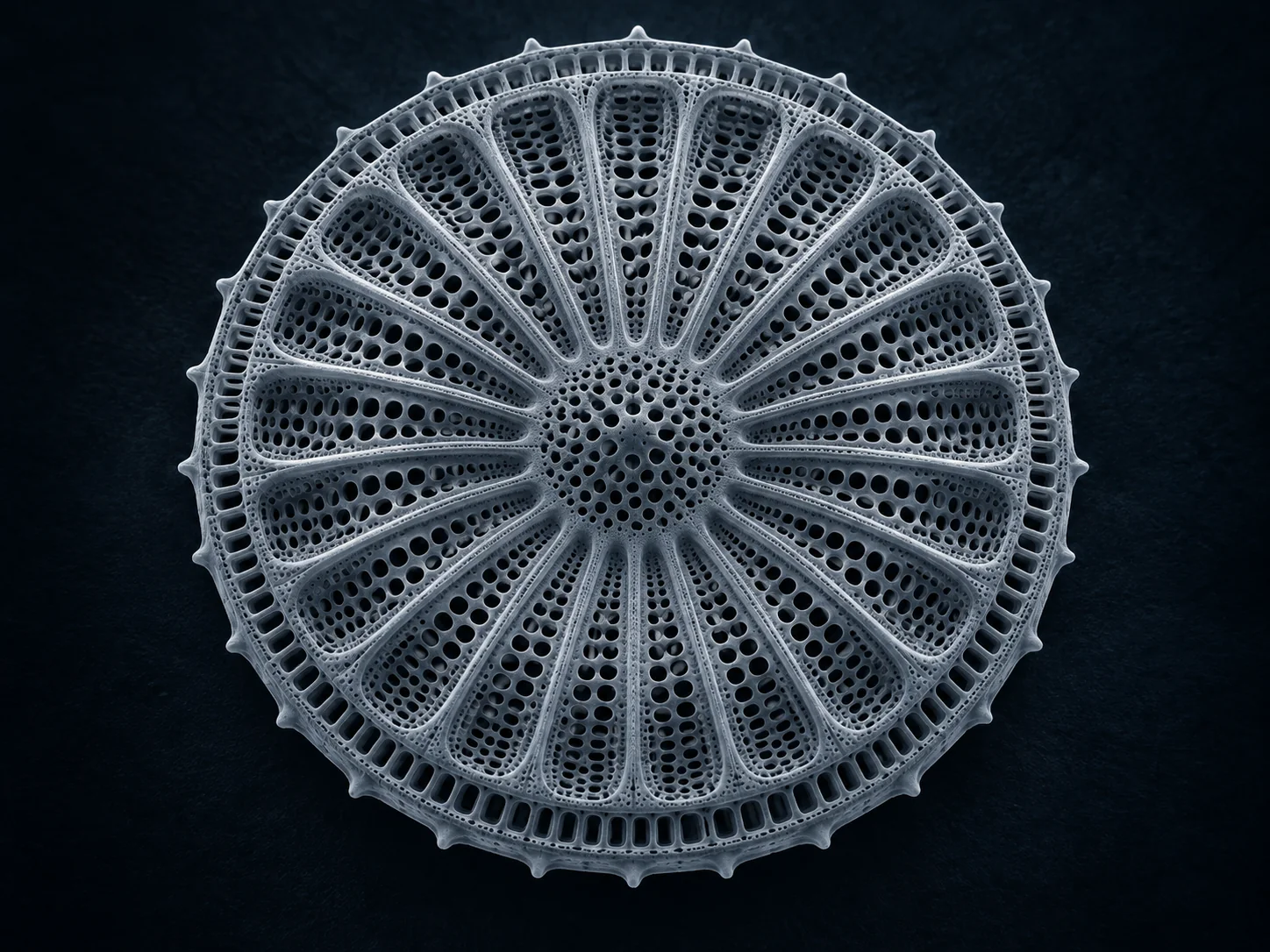 Illustrative electron microscopy inspired image of a porous, circular diatom shell